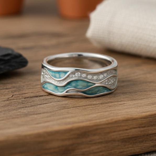 Ring met zilveren golven en turkoois
