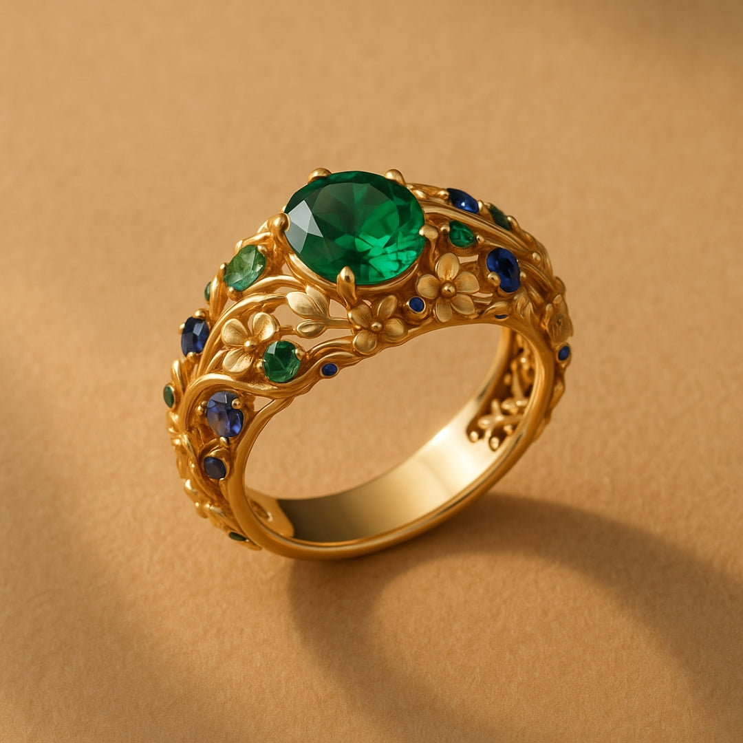 Gouden ring met groene en blauwe kristallen