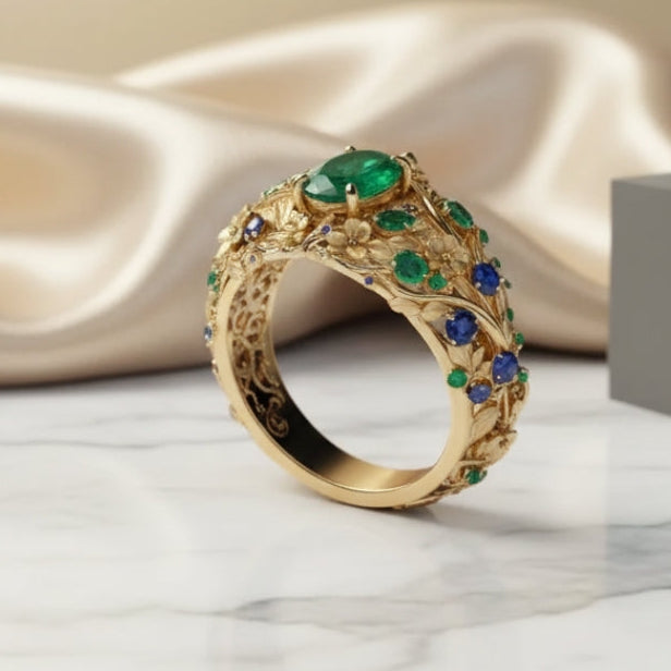 Gouden ring met groene en blauwe kristallen