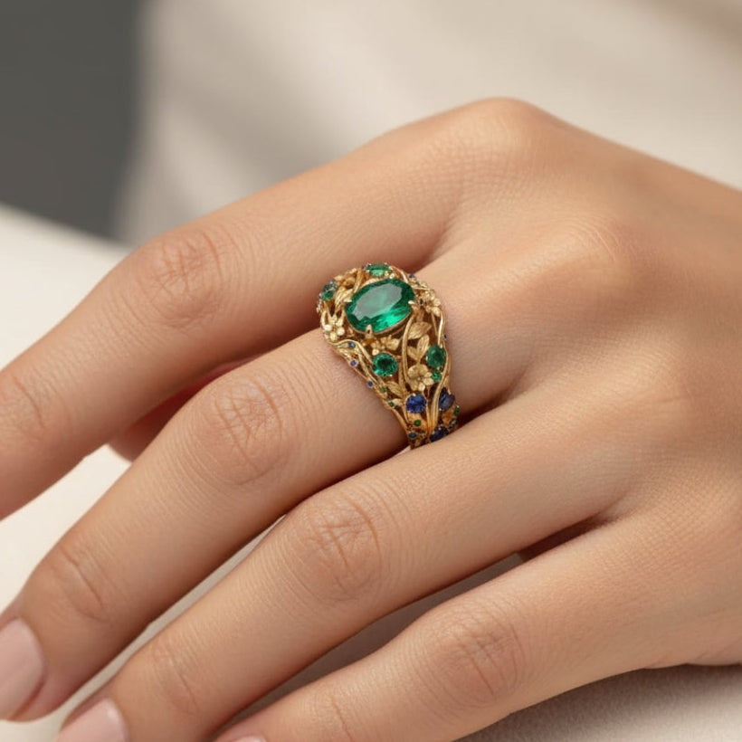 Gouden ring met groene en blauwe kristallen