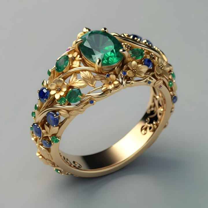 Gouden ring met groene en blauwe kristallen
