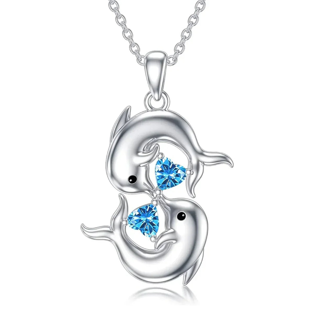 Zilveren Ketting met Dubbele Dolfijnen en Blauwe Kristal