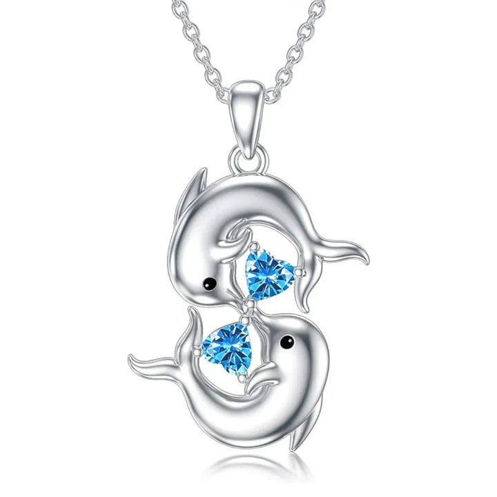 Zilveren Ketting met Dubbele Dolfijnen en Blauwe Kristal