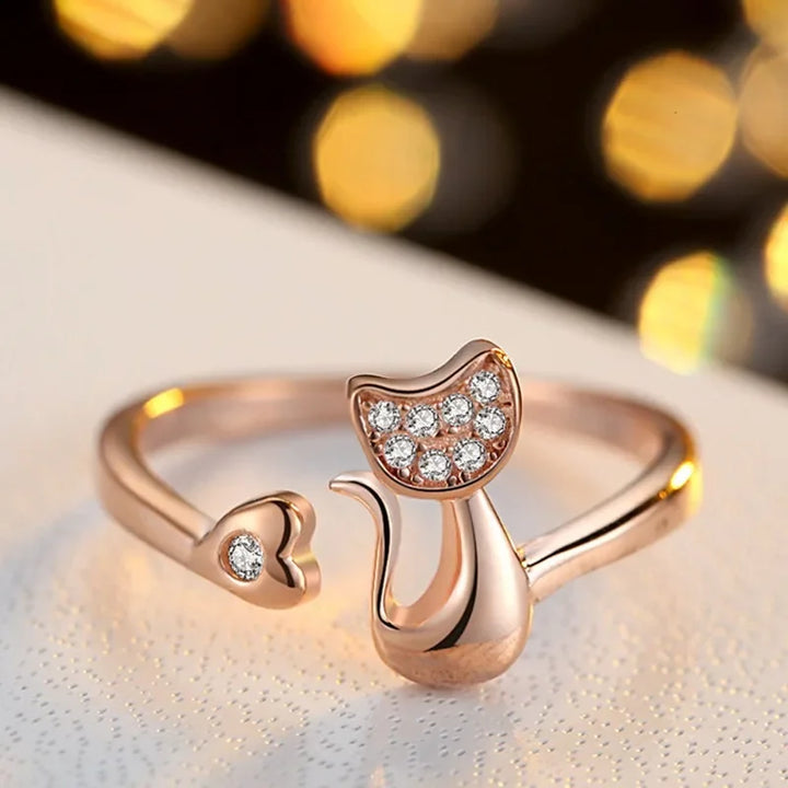 Schattige open ring met kattenmotief – Zirkonen