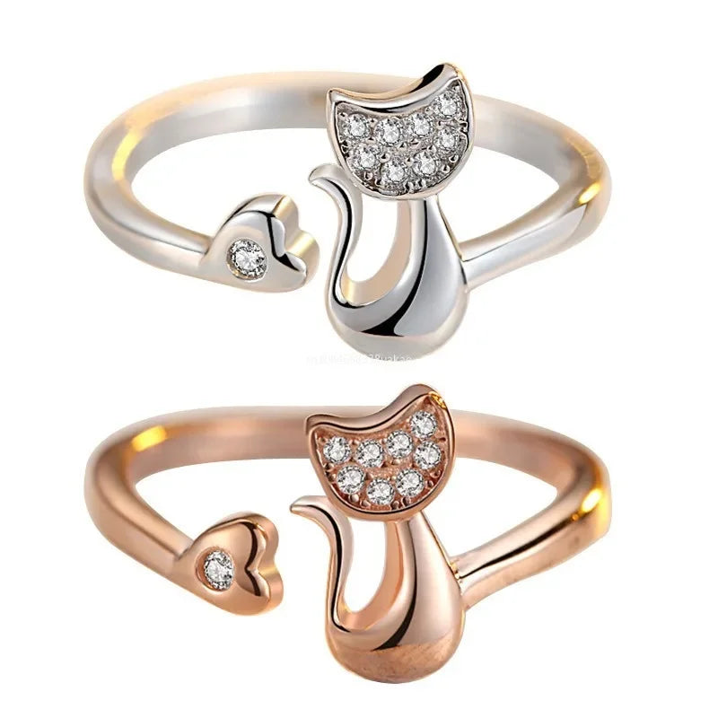 Schattige open ring met kattenmotief – Zirkonen