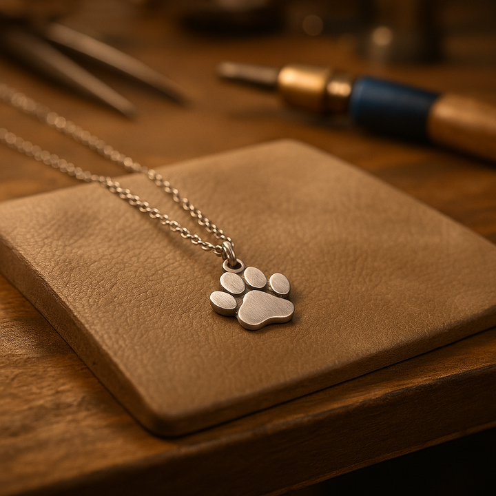 Elegante zilveren hanger met pootafdruk aan een ketting