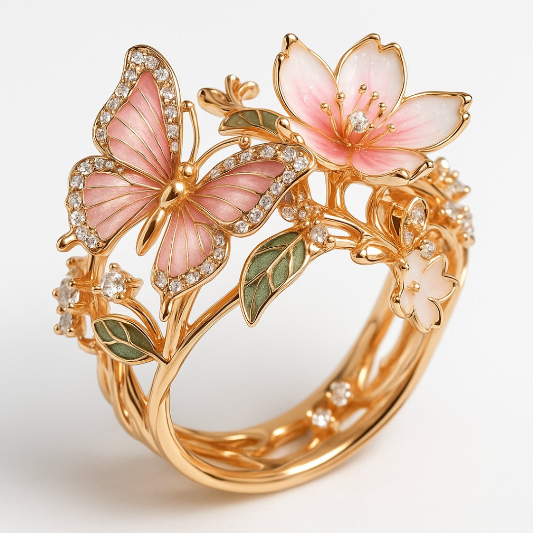 Ring met kubische zirconia en vlinderontwerp, natuurlijk briljant