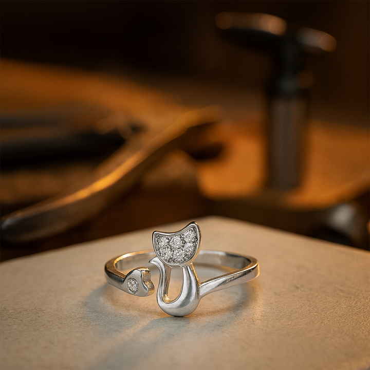 Schattige open ring met kattenmotief – Zirkonen