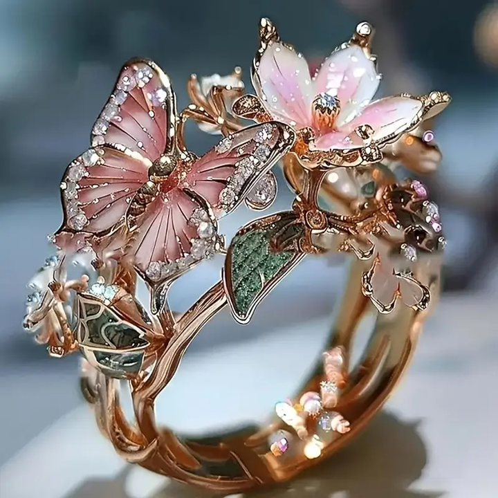 Ring met kubische zirconia en vlinderontwerp, natuurlijk briljant