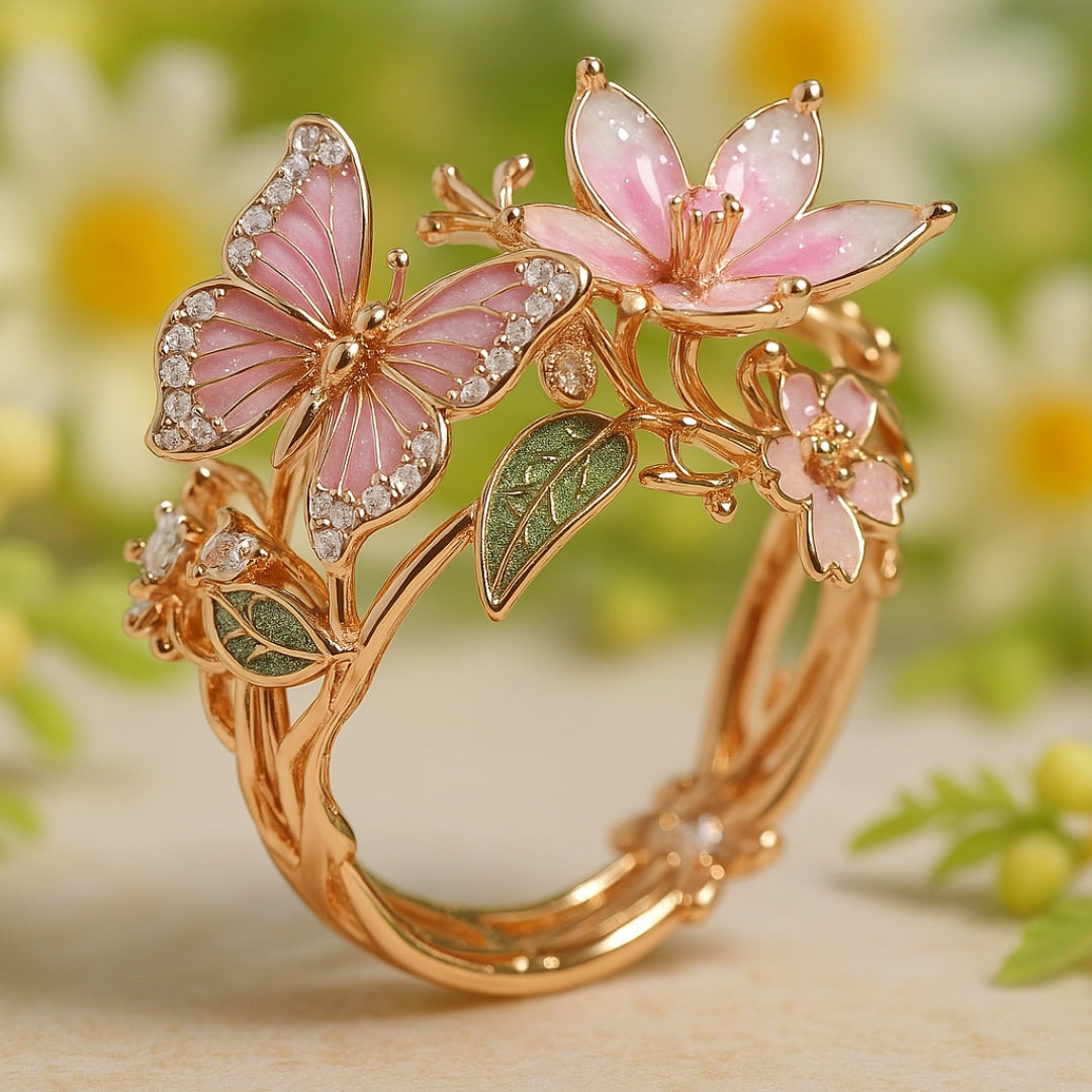 Ring met kubische zirconia en vlinderontwerp, natuurlijk briljant