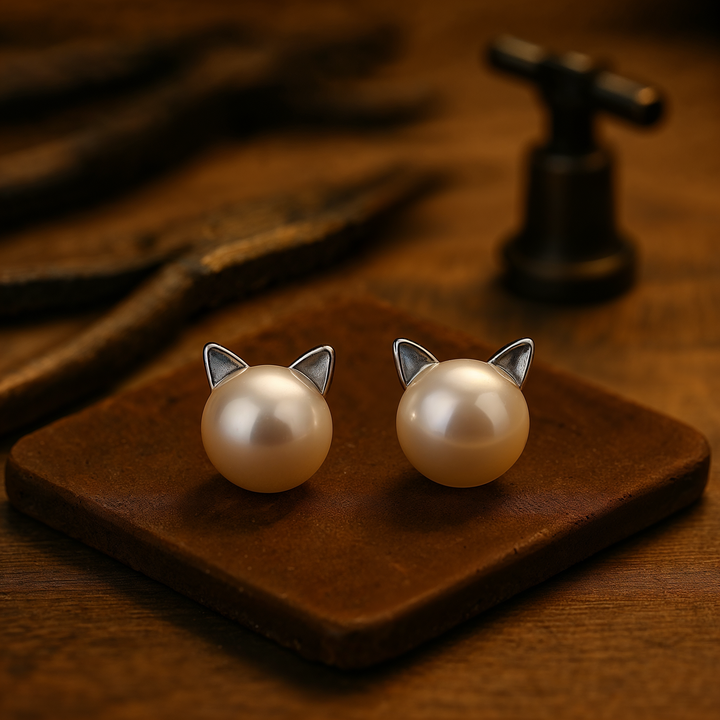 Oorbellen met parel en kattenmotief van sterling zilver