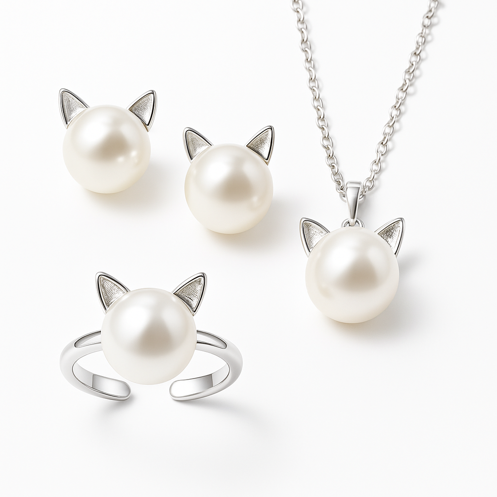 Prachtige katten- en parelketting met gratis oorbellen en ring