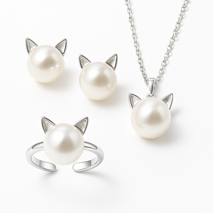 Prachtige katten- en parelketting met gratis oorbellen en ring