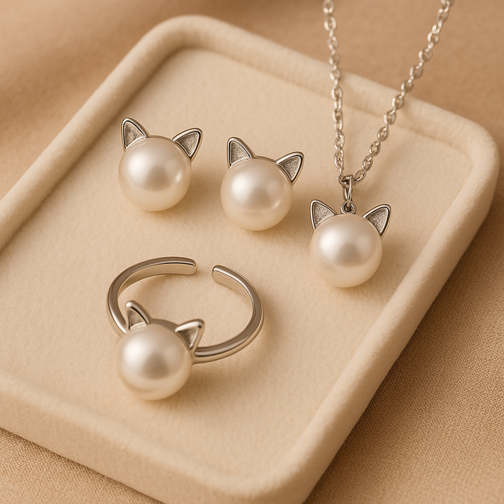 Prachtige katten- en parelketting met gratis oorbellen en ring