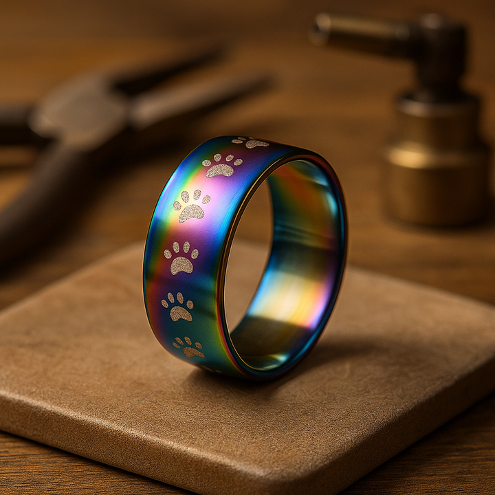 Handgemaakte regenboogkleurige roestvrijstalen ring met pootafdruk.